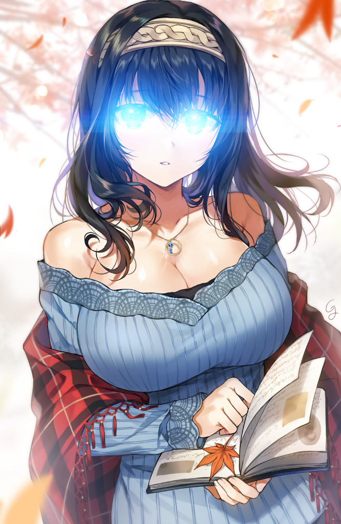 Fumika's attention is diverted from the book she's holding, noticing the orange maple leaves falling from the trees around her.  Her eyes glow brilliant blue, complementing her off-shoulder sweater, which shows off her substantial cleavage.  A red plaid shawl is draped around her arms from behind.